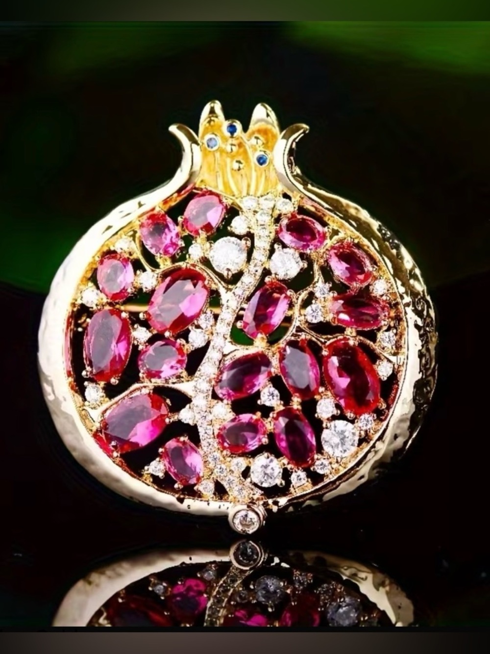 Gold Tone Ruby Red Cubic Zirconia CZ Pomegranate Fruit Brooch Pin Corsages